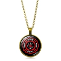 Close-up of bronze firefighter necklace with Maltese Cross and Fire Dept emblem - Antique Bronze-4 (Maltese Cross Red)
