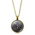 Vintage gold chain necklace with round Fire Dept emblem pendant and glass dome charm - Antique Bronze-2 (FIRE DEPT Badge)