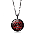 Fire Dept. emblem necklace with red Maltese cross and glass dome in black frame - Black-4 (FIRE DEPT Cross)