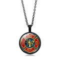 Fire Dept logo necklace with red Maltese cross and glass dome in black alloy finish - Black-7 (FIRE DEPT Logo)