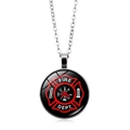 Silver chain necklace featuring a round glass pendant with a red Fire Dept logo on black - Silver-4 (FIRE DEPT Cross)