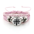 Pink multilayer braided leather St. Benedict medal bracelet with metallic beads - Vintage Saint Benedict Leather Style (Pink XSWX7252-4)