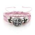 Pink multi-layer braided leather bracelet featuring Saint Benedict medal and metallic beads - Vintage Saint Benedict Leather Style (Pink XSWX7252-9)