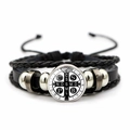 Detail of multi-layer braided leather bracelet with Saint Benedict medal and silver beads - Vintage Saint Benedict Leather Style (XSWX7251-4) / Black