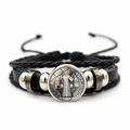 Detail of St. Benedict medal on multilayer braided leather vintage punk style bracelet - Vintage Saint Benedict Leather Style (XSWX7251-1)