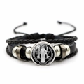 Multilayer St. Benedict Medal leather bracelet with braided cords and silver beads - Vintage Saint Benedict Leather Style (XSWX7251-10)