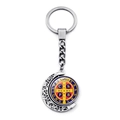 Rotating St. Benedict medal keychain with crescent moon pendant in silver metal - Blue Red Yellow Enamel Color Medal Style (XSWX7260-11)