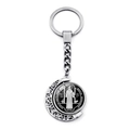 Saint Benedict Medal spinning keychain with crescent moon pendant in silver finish - Silver & Black Contrast Medal Style (XSWX7260-10)