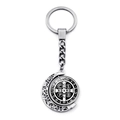 Macro detail of silver Saint Benedict medal keychain with moon-shaped hollow carving - Black & White Traditional Medal Style (XSWX7260-9)