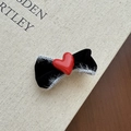 Detail of red velvet bow hair claw with plush trim and heart center on wood background - Black Velvet Red Heart Bow Clip / 3# Red Velvet Rhinestone Heart