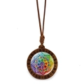 Flower of Life Mandala glass pendant necklace with round wood frame and brown cord - Colorful Mandala Style (XSWX7244-1)