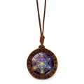 Pendentif ethnique en bois avec mandala géométrie sacrée colorée sur cordon marron - Cube de Métatron Étoilé Violet (XSWX7242-2)