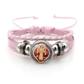 Pink multilayer Saint Benedict medal leather bracelet with braided strands and beads - Vintage Saint Benedict Leather Style (Pink XSWX7252-7)