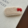 Beige faux fur shark hair claw clip with a red festive bow, cute winter accessory - Beige Plush Red Bow Clip / Beige Plush With Red Bow