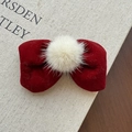 Elegant festive red velvet hair claw with white faux fur ball for Christmas styling - Red Velvet Fur Ball Bow Clip / Red Velvet Bow With White Pom Pom