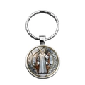 Silver Saint Benedict Medal keychain with circular religious pendant and Latin inscriptions - St. Benedict Full Figure Style (XSWX7261-1)