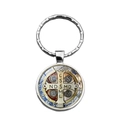 Silver Saint Benedict Medal keychain with religious cross emblem and glass cabochon finish - Vintage Red & Blue Medal Style (XSWX7261-2)