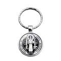 Silver Saint Benedict Medal keychain featuring a circular religious pendant charm - St. Benedict Standing Icon Style (XSWX7261-3)