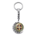 Silver Saint Benedict medal keychain with crescent moon frame and red blue enamel details - Red & Blue Enamel Color Medal Style (XSWX7260-5)