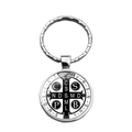 Saint Benedict Medal keychain with silver metal ring and black and white religious pendant - B&W Religious Medal Style (XSWX7261-4)