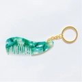 Mini acetate marble comb keychain in green and white with gold metal ring - Silver Keychain / Aqua Blue