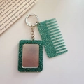 Sparkling green glitter mini comb and mirror keychain set with metallic link - 7# Cyan Glitter