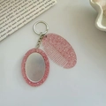 Pink glitter oval mirror and comb keychain set with silver metallic ring - Glitter Pink