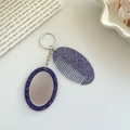 Sparkly dark purple glitter oval comb and mirror set with silver keychain ring - Glitter Blue