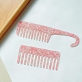 Haarkamm-Set aus rosa Acetat mit Marmormuster, Breitbandkamm und Langgriff-Hakenkamm - Haken Rechteck Set