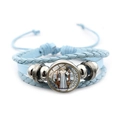 Light blue multi-layer leather bracelet with St. Benedict medal and woven rope details - Vintage Saint Benedict Leather Style (Blue XSWX7256-1)