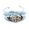 Sky blue braided leather multi-layer bracelet featuring silver Saint Benedict Medal charm - Vintage Saint Benedict Leather Style (Blue XSWX7256-2)