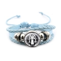 St. Benedict Medal light blue multilayer braided leather rope bracelet for vintage look - Vintage Saint Benedict Leather Style (Blue XSWX7256-3)
