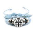 Light blue multi-layer leather Saint Benedict Medal bracelet with punk style woven ropes - Vintage Saint Benedict Leather Style (Blue XSWX7256-4)