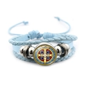 Light blue multi-layer braided leather St. Benedict medal bracelet with silver beads - Vintage Saint Benedict Leather Style (Blue XSWX7256-5)