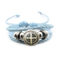 St. Benedict Medal light blue braided leather bracelet with vintage metal beads - Vintage Saint Benedict Leather Style (Blue XSWX7256-6)