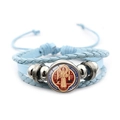 Light blue multi-layer braided leather bracelet with Saint Benedict medal and silver beads - Vintage Saint Benedict Leather Style (Blue XSWX7256-7)