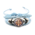 Light blue multi-layer braided leather bracelet with St. Benedict Medal charm and silver beads - Vintage Saint Benedict Leather Style (Blue XSWX7256-8)