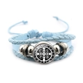Light blue multi-layer braided leather bracelet with silver Saint Benedict Medal charm - Vintage Saint Benedict Leather Style (Blue XSWX7256-9)