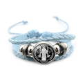 Light blue multi-layer leather bracelet with St. Benedict medal and silver beads - Vintage Saint Benedict Leather Style (Blue XSWX7256-10)