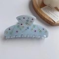 Light blue acetate hair claw clip with colorful floral rhinestones and crystal details - Blue