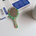 Vintage tortoiseshell acetate handheld makeup mirror with green marble finish and wavy edge - 12.5cm*5.8cm / Green