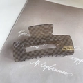 Translucent grey checkerboard acetate hair claw clip with golden France branding - Large Square (10cm x 5cm)