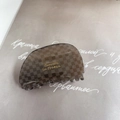 Translucent dark grey hair claw clip with checkered pattern and gold lettering - Dumpling Shape (7.5cm x 4cm)
