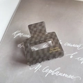 French style square hair claw in dark grey checkerboard acetate with gold logo - Small Square (5.2cm x 5cm)