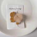 Cute mustard yellow acetate rabbit hair clip with fluffy beige faux fur pompom decor - Caramel color