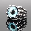 Retro Punk Dämonenauge Ring mit blauem Augapfel und silbernen Drachenkrallen Verzierungen - US 7 / Silberband Grüner Edelstein