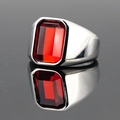 Classic men's silver stainless steel signet ring with a faceted red rectangular gemstone - Size 6 / Silver Band Red Gemstone