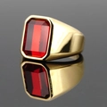 Men's gold titanium steel ring with a large rectangular red gemstone in a sleek setting - Size 6 / Gold Band Red Gemstone