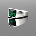 Men's titanium steel ring with emerald-green square gemstone and brushed metal finish - Silver Band Green Gemstone