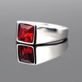 Polished silver titanium steel ring for men featuring a large square red gemstone center - Steel Base Red Rhinestone